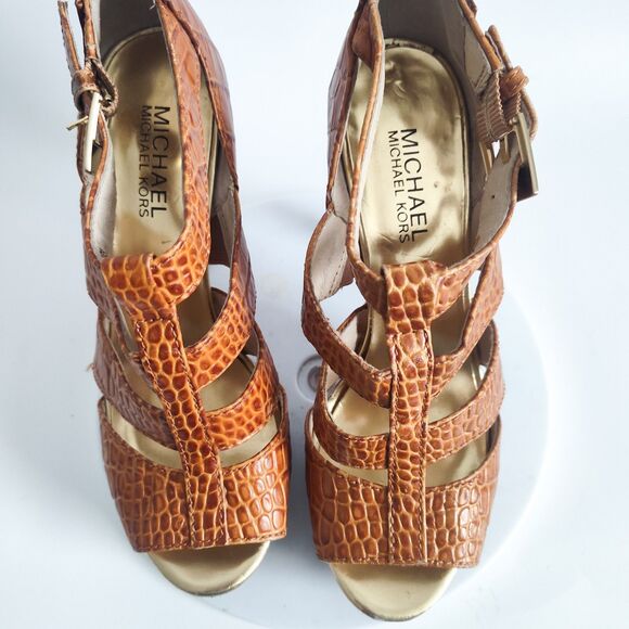 Michael Kors High Heels Size 6 T-Strap Sandals Camden Croc Embossed Camel Tan - Picture 11 of 11